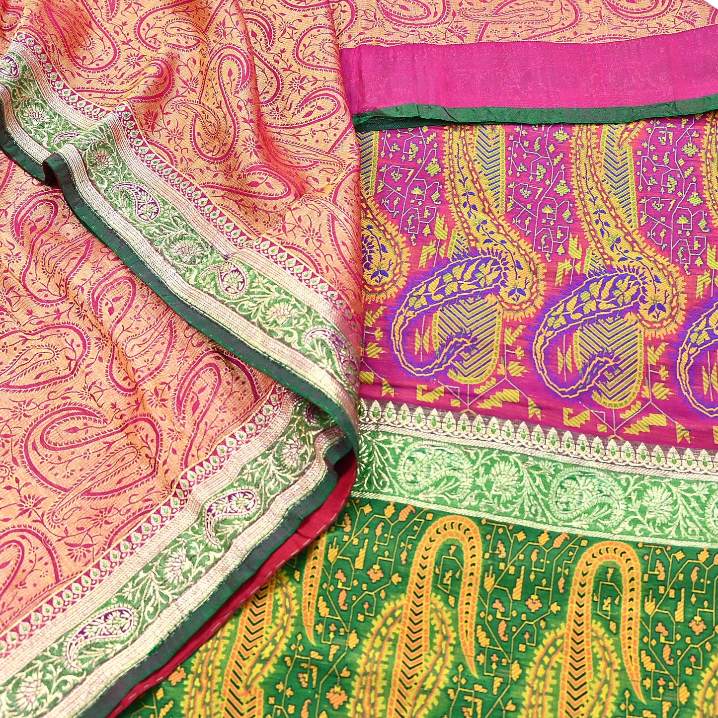 Indian Vintage Sari Pink & Green Heavy Pure Silk Woven Banarasi Brocade Saree Fabric 5Yd Ethnic Dress making Crafting Dress Designing
