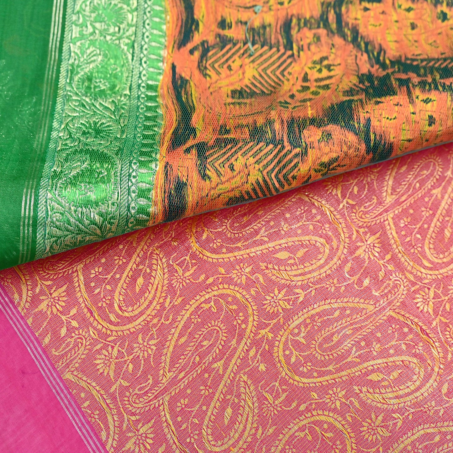 Indian Vintage Sari Pink & Green Heavy Pure Silk Woven Banarasi Brocade Saree Fabric 5Yd Ethnic Dress making Crafting Dress Designing