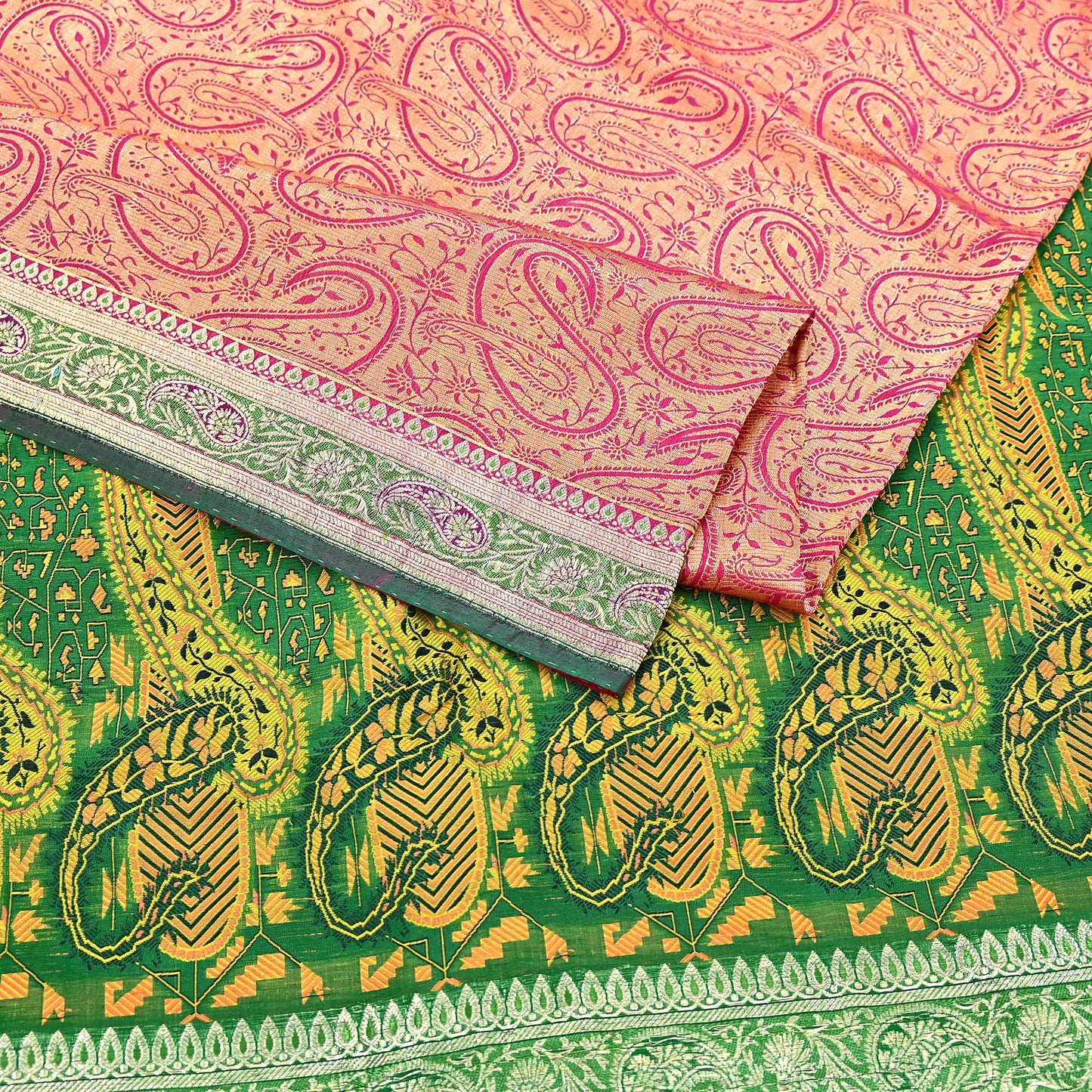Indian Vintage Sari Pink & Green Heavy Pure Silk Woven Banarasi Brocade Saree Fabric 5Yd Ethnic Dress making Crafting Dress Designing