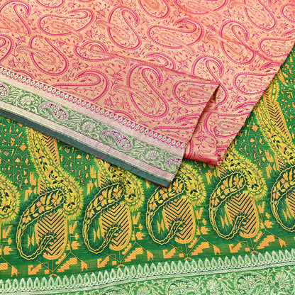 Indian Vintage Sari Pink & Green Heavy Pure Silk Woven Banarasi Brocade Saree Fabric 5Yd Ethnic Dress making Crafting Dress Designing