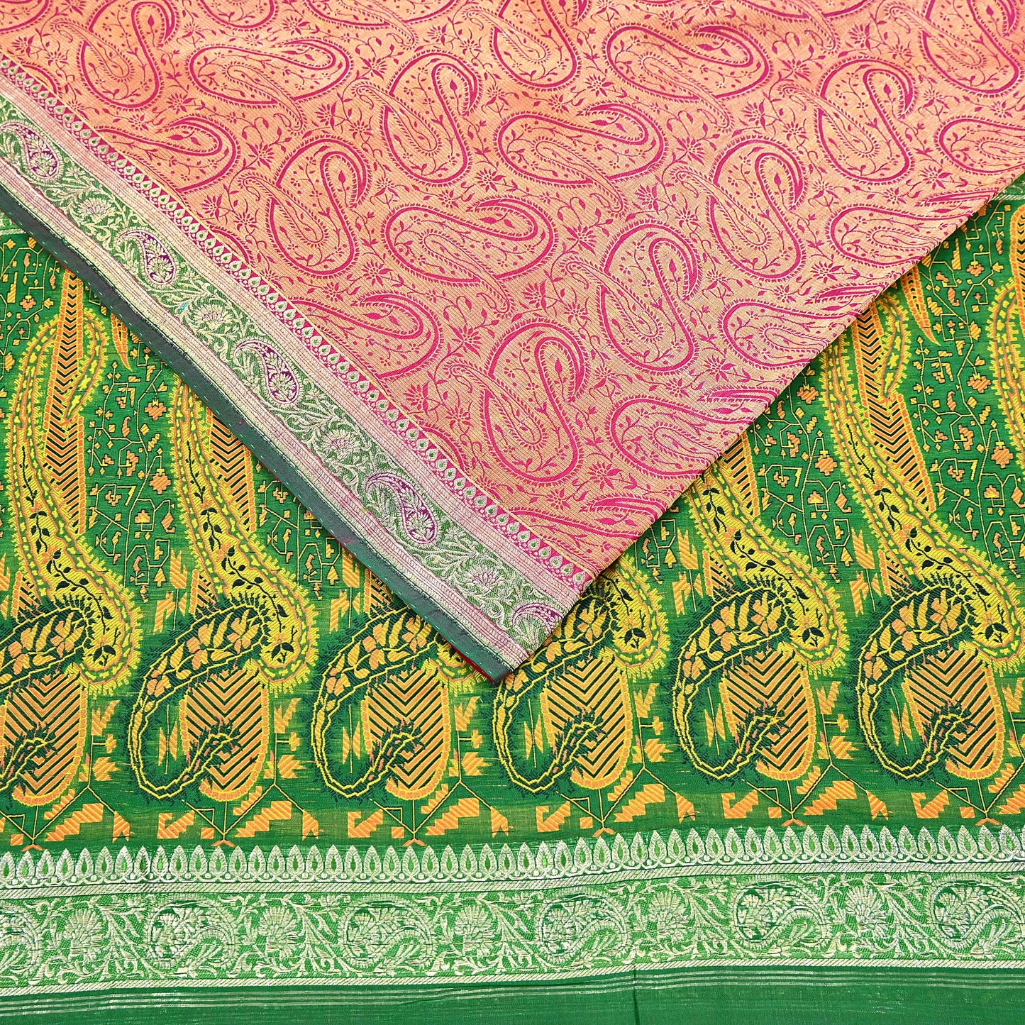 Indian Vintage Sari Pink & Green Heavy Pure Silk Woven Banarasi Brocade Saree Fabric 5Yd Ethnic Dress making Crafting Dress Designing