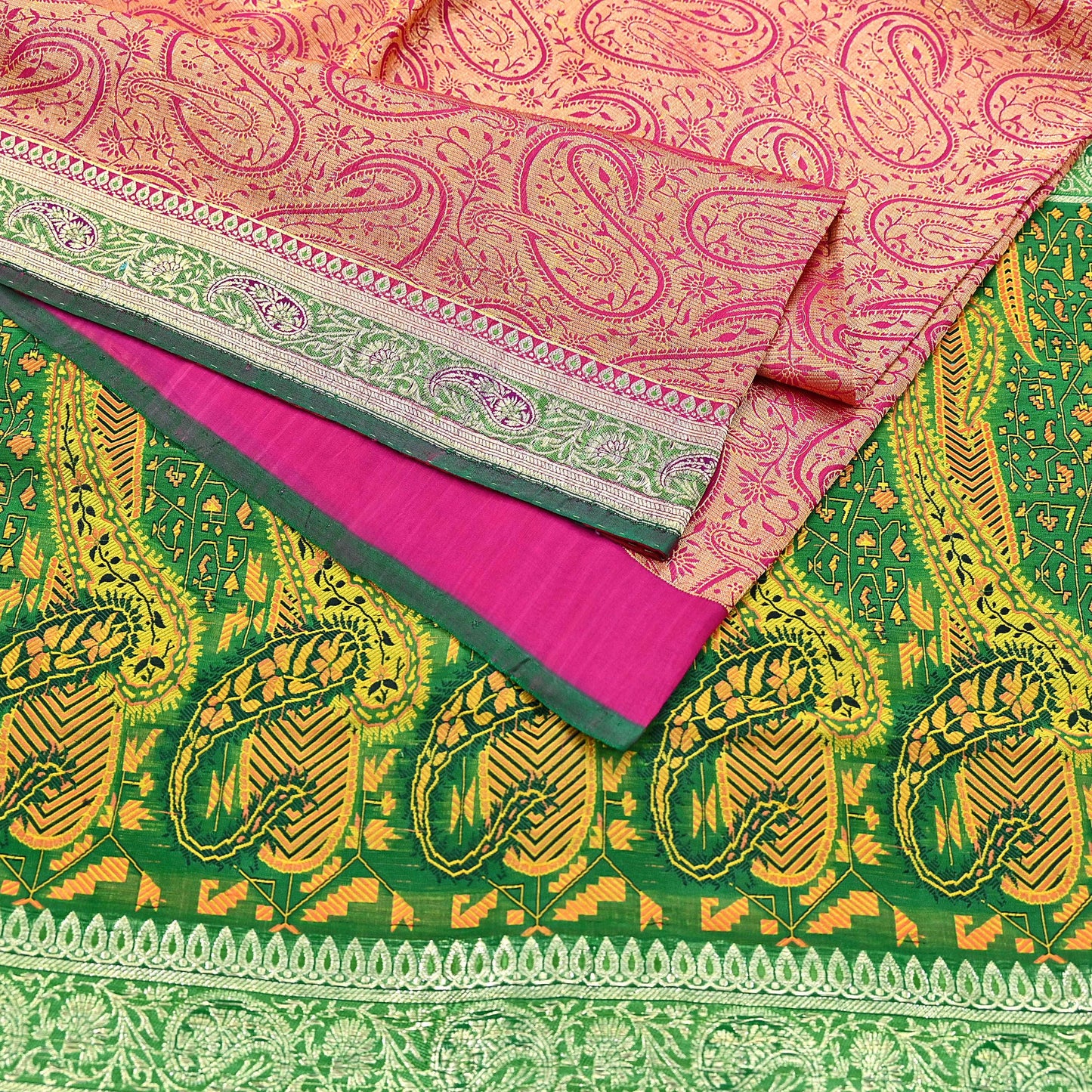 Indian Vintage Sari Pink & Green Heavy Pure Silk Woven Banarasi Brocade Saree Fabric 5Yd Ethnic Dress making Crafting Dress Designing