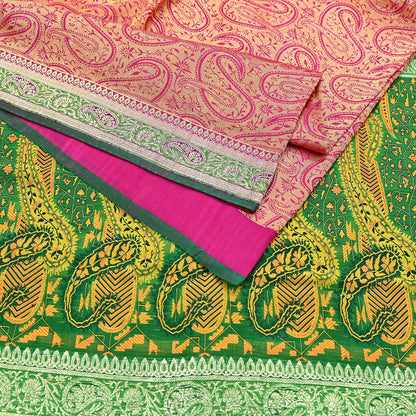 Indian Vintage Sari Pink & Green Heavy Pure Silk Woven Banarasi Brocade Saree Fabric 5Yd Ethnic Dress making Crafting Dress Designing