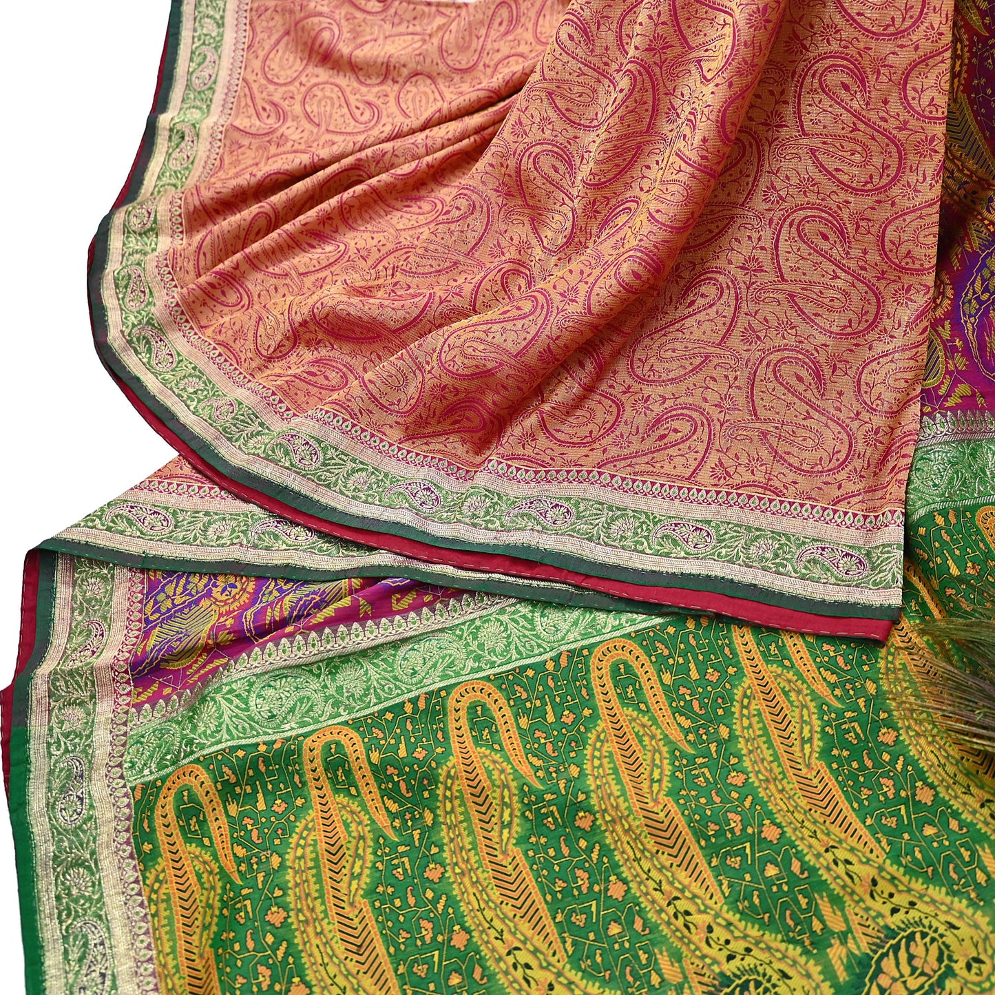 Indian Vintage Sari Pink & Green Heavy Pure Silk Woven Banarasi Brocade Saree Fabric 5Yd Ethnic Dress making Crafting Dress Designing