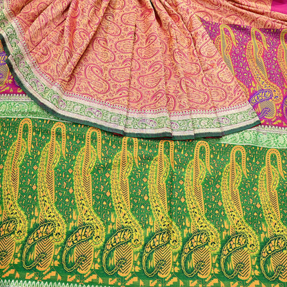 Indian Vintage Sari Pink & Green Heavy Pure Silk Woven Banarasi Brocade Saree Fabric 5Yd Ethnic Dress making Crafting Dress Designing