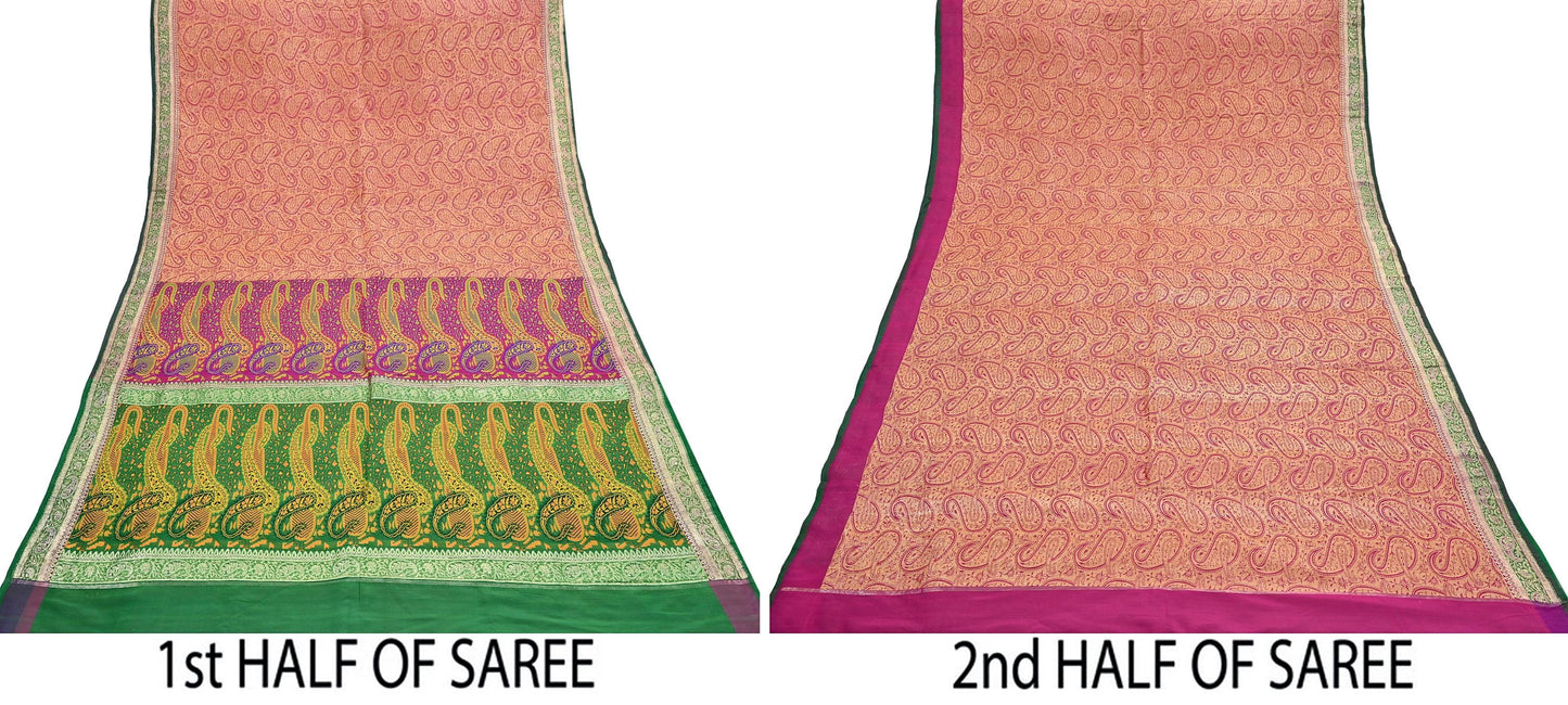 Indian Vintage Sari Pink & Green Heavy Pure Silk Woven Banarasi Brocade Saree Fabric 5Yd Ethnic Dress making Crafting Dress Designing