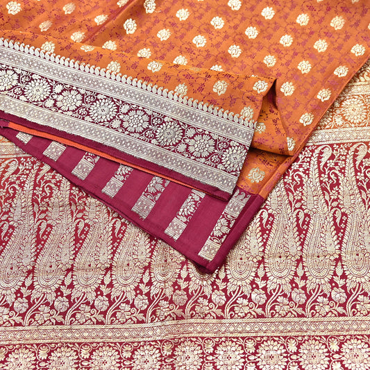 Indian Vintage Sari Maroon Heavy Pure Satin Silk Woven Banarasi Brocade Sarees Zari 5Yd Dress making Crafting Quilting