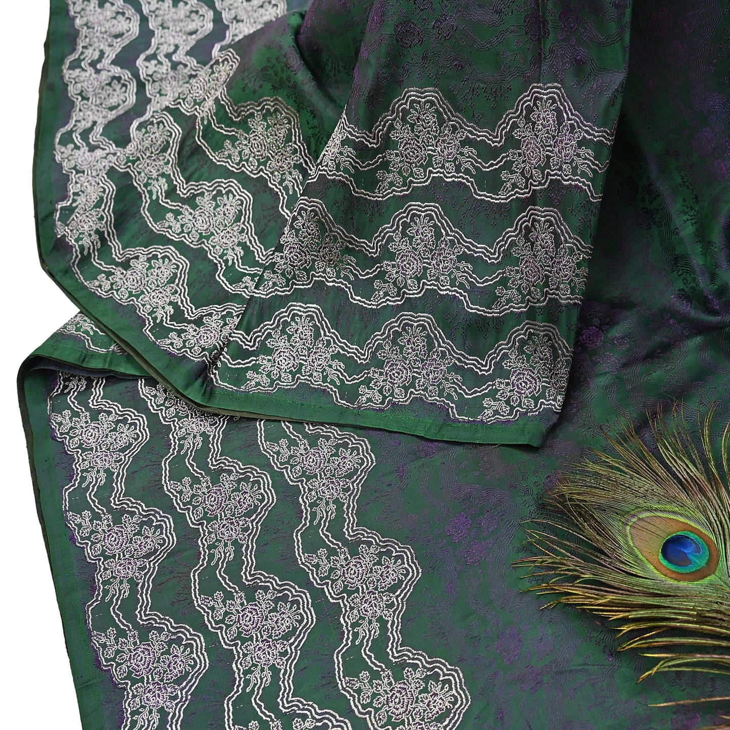 Indian Vintage Bottle Green Heavy Wedding Saree Pure Satin Silk Woven Banarasi Brocade Sari Craft Fabric Zari 5Yd Dress Making Crafting used