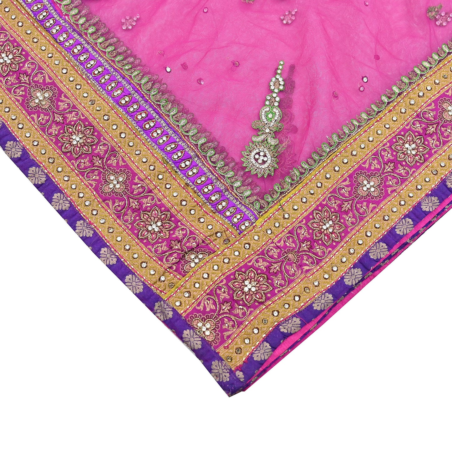 Indian Vintage Heavy Wedding Pink Dupatta Net Mesh Long Stole Hand Embroidered Scarves Golden Zardozi Dabka Zari Stole