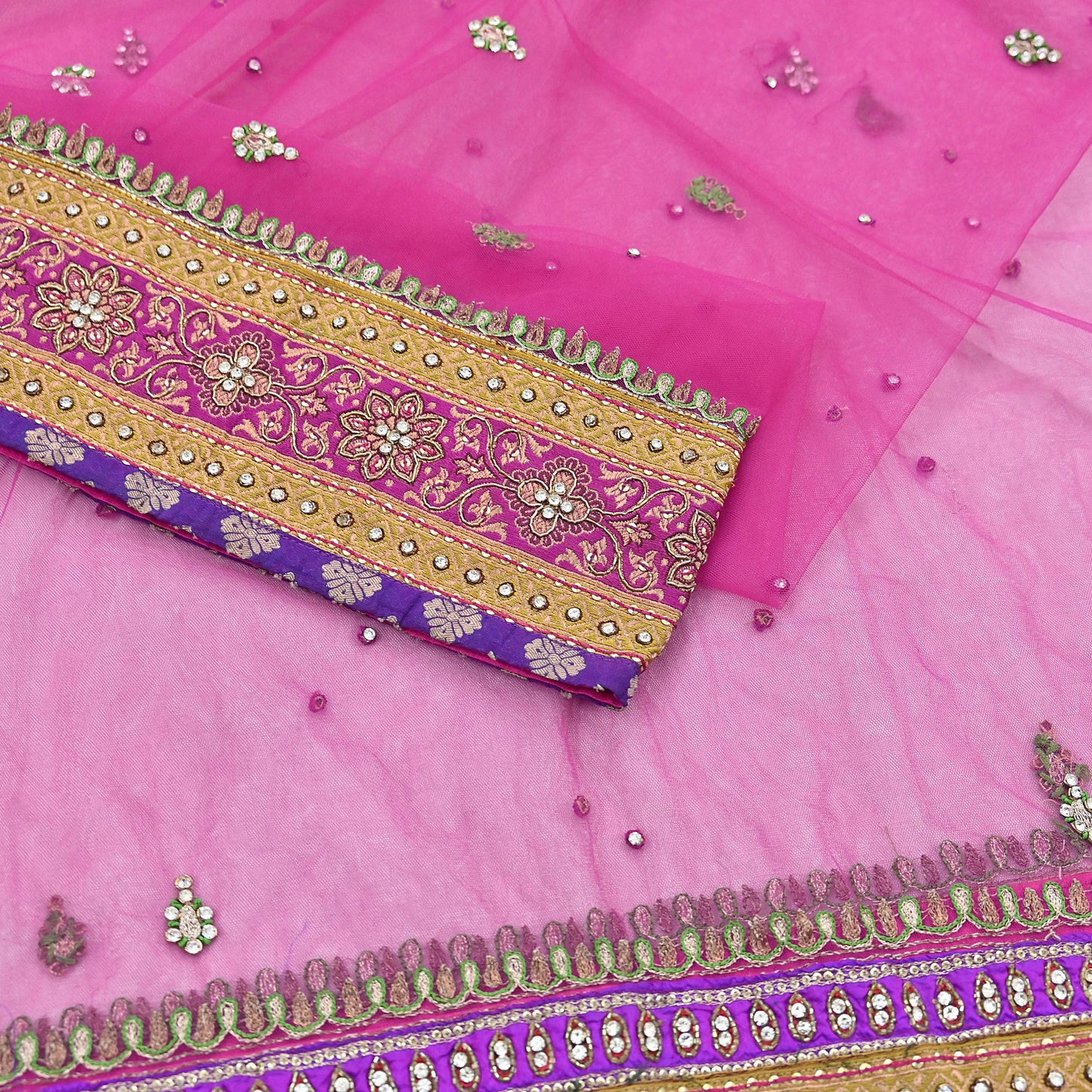 Indian Vintage Heavy Wedding Pink Dupatta Net Mesh Long Stole Hand Embroidered Scarves Golden Zardozi Dabka Zari Stole