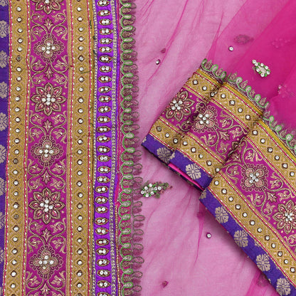 Indian Vintage Heavy Wedding Pink Dupatta Net Mesh Long Stole Hand Embroidered Scarves Golden Zardozi Dabka Zari Stole