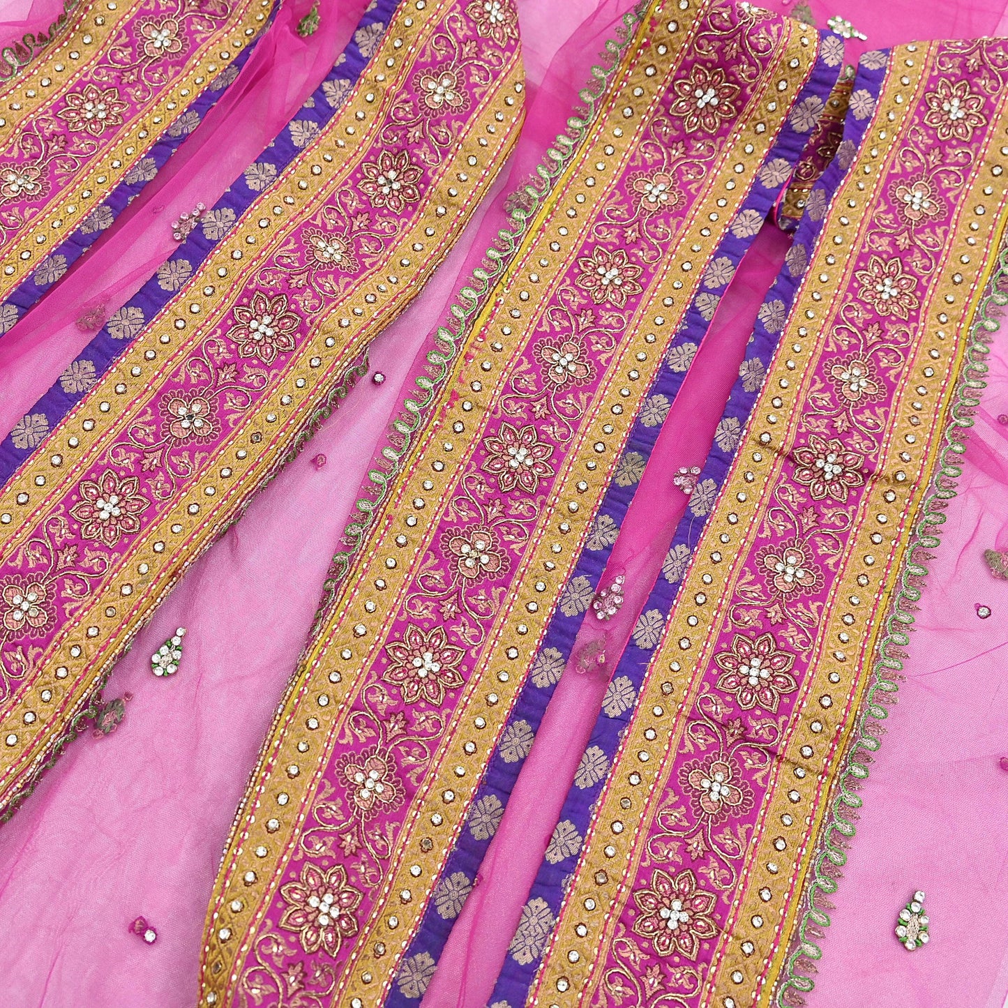 Indian Vintage Heavy Wedding Pink Dupatta Net Mesh Long Stole Hand Embroidered Scarves Golden Zardozi Dabka Zari Stole