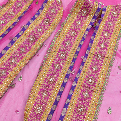 Indian Vintage Heavy Wedding Pink Dupatta Net Mesh Long Stole Hand Embroidered Scarves Golden Zardozi Dabka Zari Stole