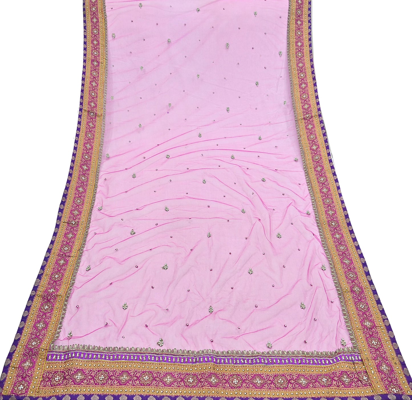 Indian Vintage Heavy Wedding Pink Dupatta Net Mesh Long Stole Hand Embroidered Scarves Golden Zardozi Dabka Zari Stole
