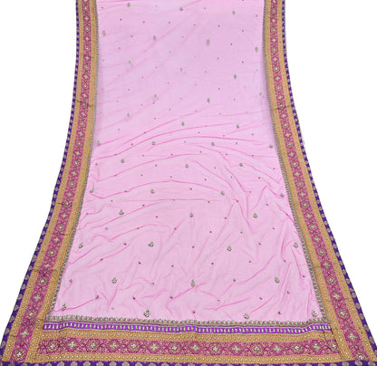 Indian Vintage Heavy Wedding Pink Dupatta Net Mesh Long Stole Hand Embroidered Scarves Golden Zardozi Dabka Zari Stole