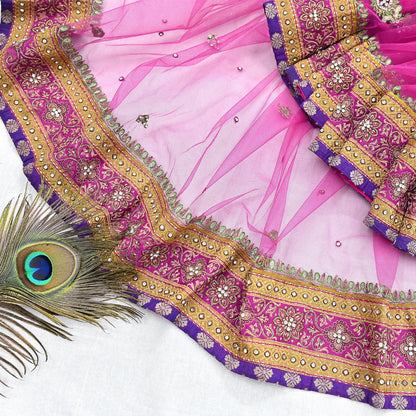 Indian Vintage Heavy Wedding Pink Dupatta Net Mesh Long Stole Hand Embroidered Scarves Golden Zardozi Dabka Zari Stole