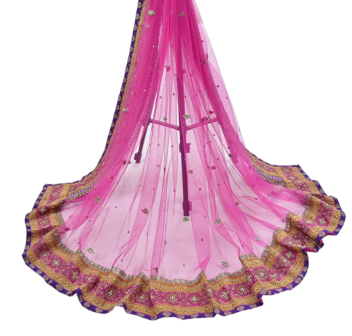 Indian Vintage Heavy Wedding Pink Dupatta Net Mesh Long Stole Hand Embroidered Scarves Golden Zardozi Dabka Zari Stole