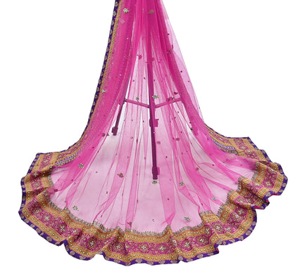Indian Vintage Heavy Wedding Pink Dupatta Net Mesh Long Stole Hand Embroidered Scarves Golden Zardozi Dabka Zari Stole
