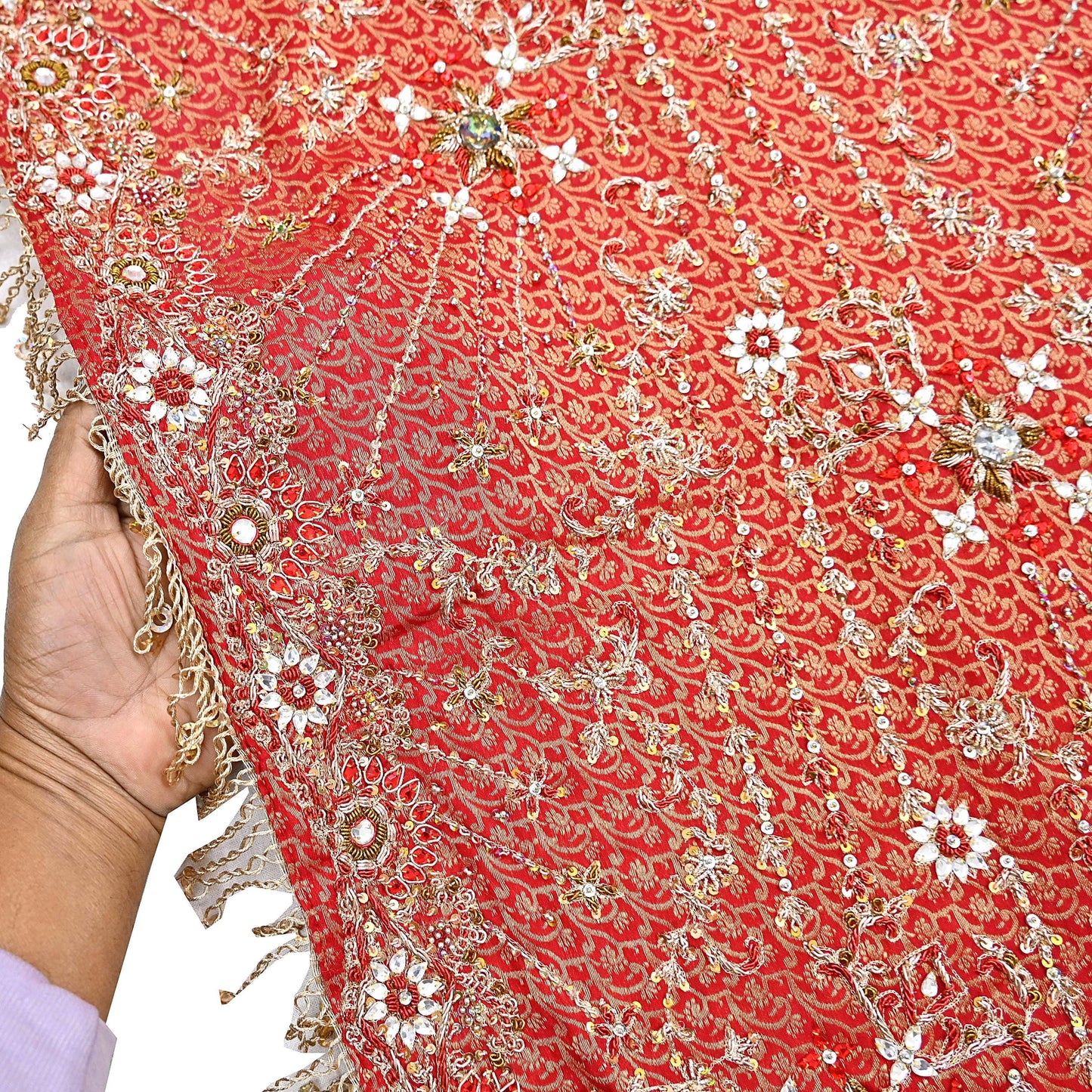 Indian Vintage Heavy Bridal Red Dupatta Pure Silk Long Stole Hand Embroidered Scarf Zardozi/Dabka Wedding red Hijab veil