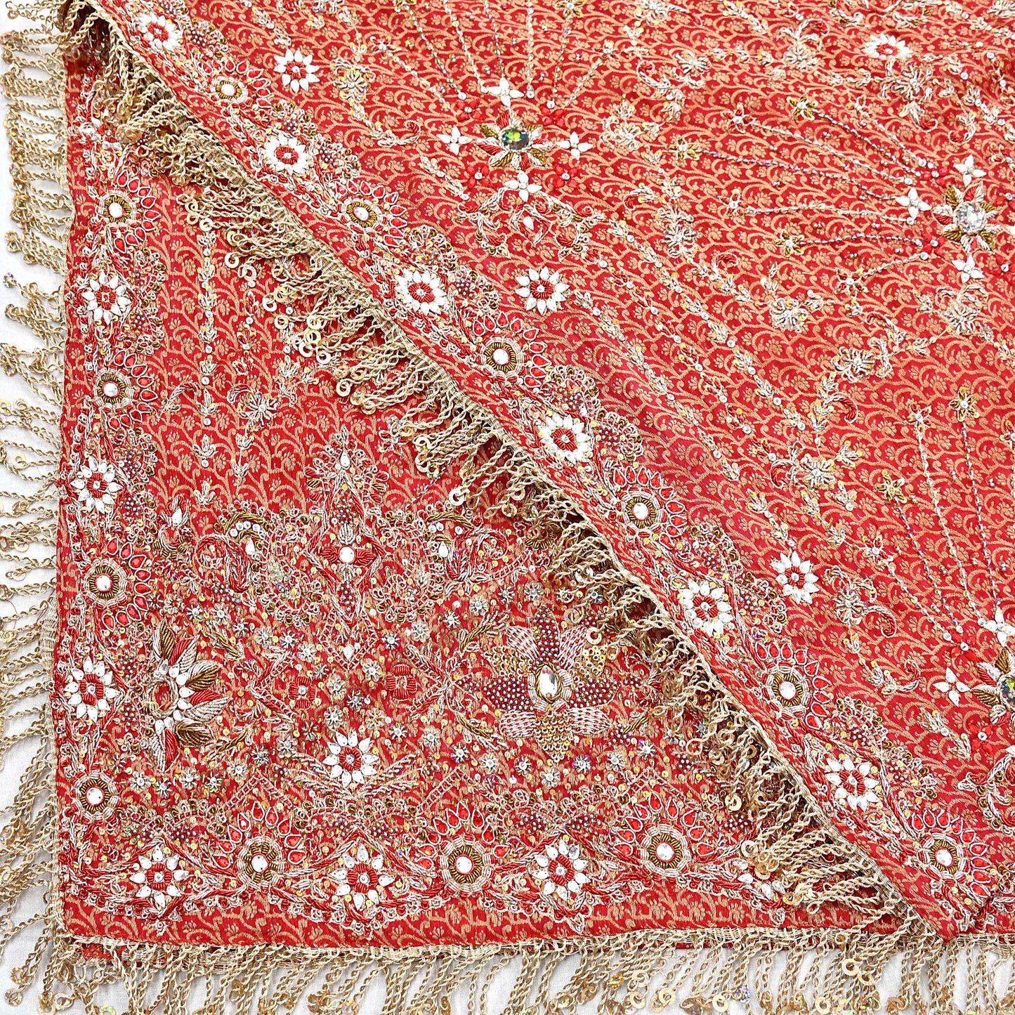 Indian Vintage Heavy Bridal Red Dupatta Pure Silk Long Stole Hand Embroidered Scarf Zardozi/Dabka Wedding red Hijab veil