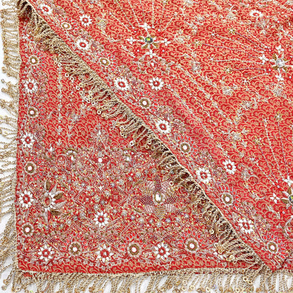 Indian Vintage Heavy Bridal Red Dupatta Pure Silk Long Stole Hand Embroidered Scarf Zardozi/Dabka Wedding red Hijab veil