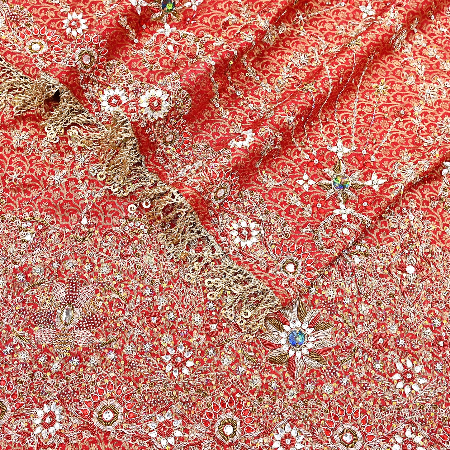 Indian Vintage Heavy Bridal Red Dupatta Pure Silk Long Stole Hand Embroidered Scarf Zardozi/Dabka Wedding red Hijab veil