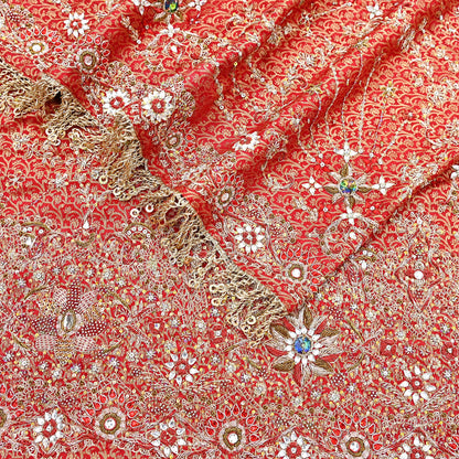 Indian Vintage Heavy Bridal Red Dupatta Pure Silk Long Stole Hand Embroidered Scarf Zardozi/Dabka Wedding red Hijab veil