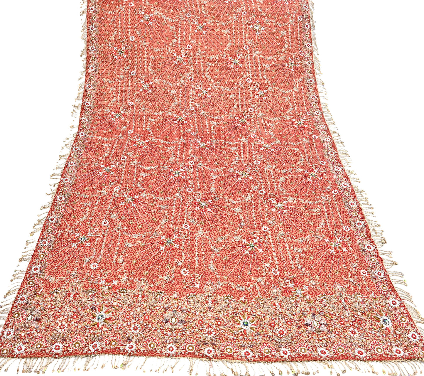 Indian Vintage Heavy Bridal Red Dupatta Pure Silk Long Stole Hand Embroidered Scarf Zardozi/Dabka Wedding red Hijab veil