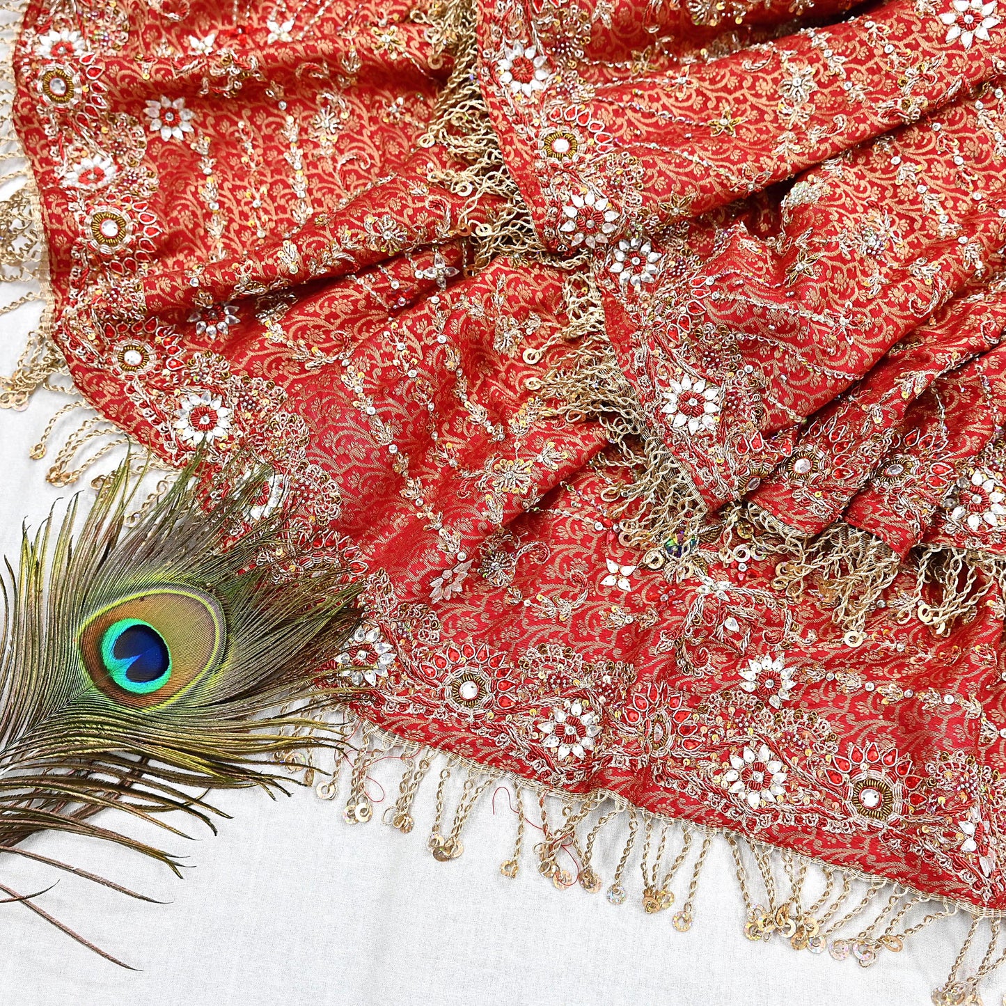 Indian Vintage Heavy Bridal Red Dupatta Pure Silk Long Stole Hand Embroidered Scarf Zardozi/Dabka Wedding red Hijab veil