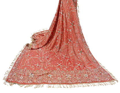 Indian Vintage Heavy Bridal Red Dupatta Pure Silk Long Stole Hand Embroidered Scarf Zardozi/Dabka Wedding red Hijab veil