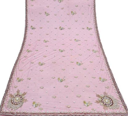 Indian Vintage Heavy Dupatta Pink Net Mesh Long Stole Hand Embroidered Scarves Wedding veil Wrap Boho