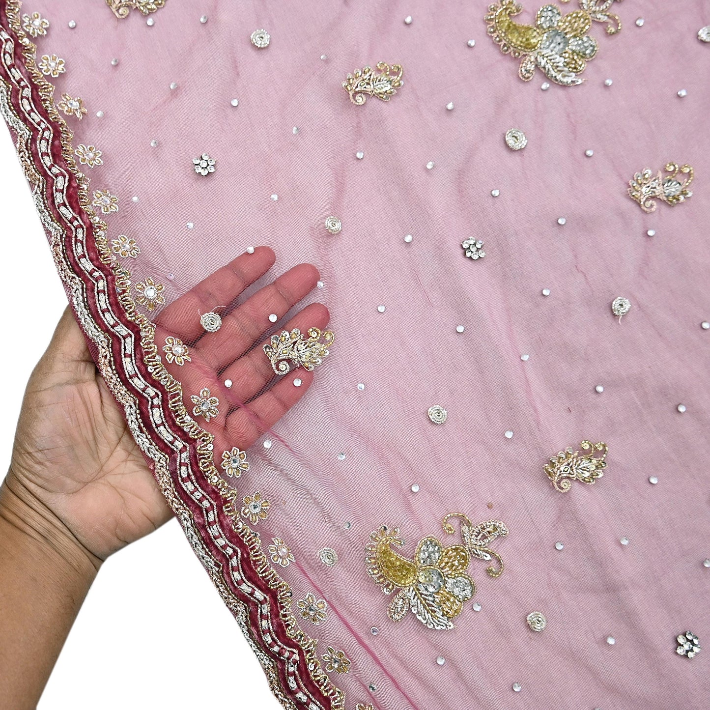 Indian Vintage Heavy Dupatta Pink Net Mesh Long Stole Hand Embroidered Scarves Wedding veil Wrap Boho