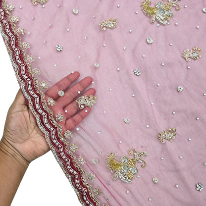 Indian Vintage Heavy Dupatta Pink Net Mesh Long Stole Hand Embroidered Scarves Wedding veil Wrap Boho