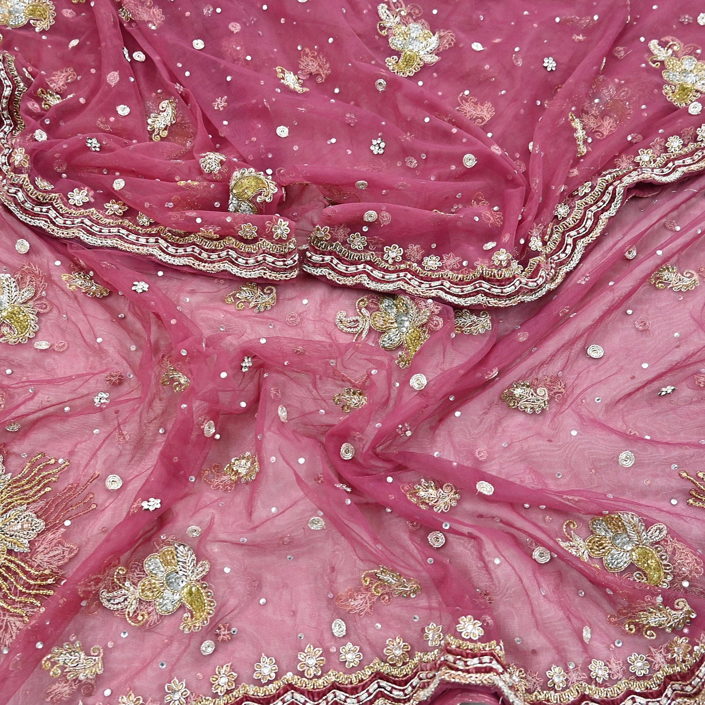Indian Vintage Heavy Dupatta Pink Net Mesh Long Stole Hand Embroidered Scarves Wedding veil Wrap Boho