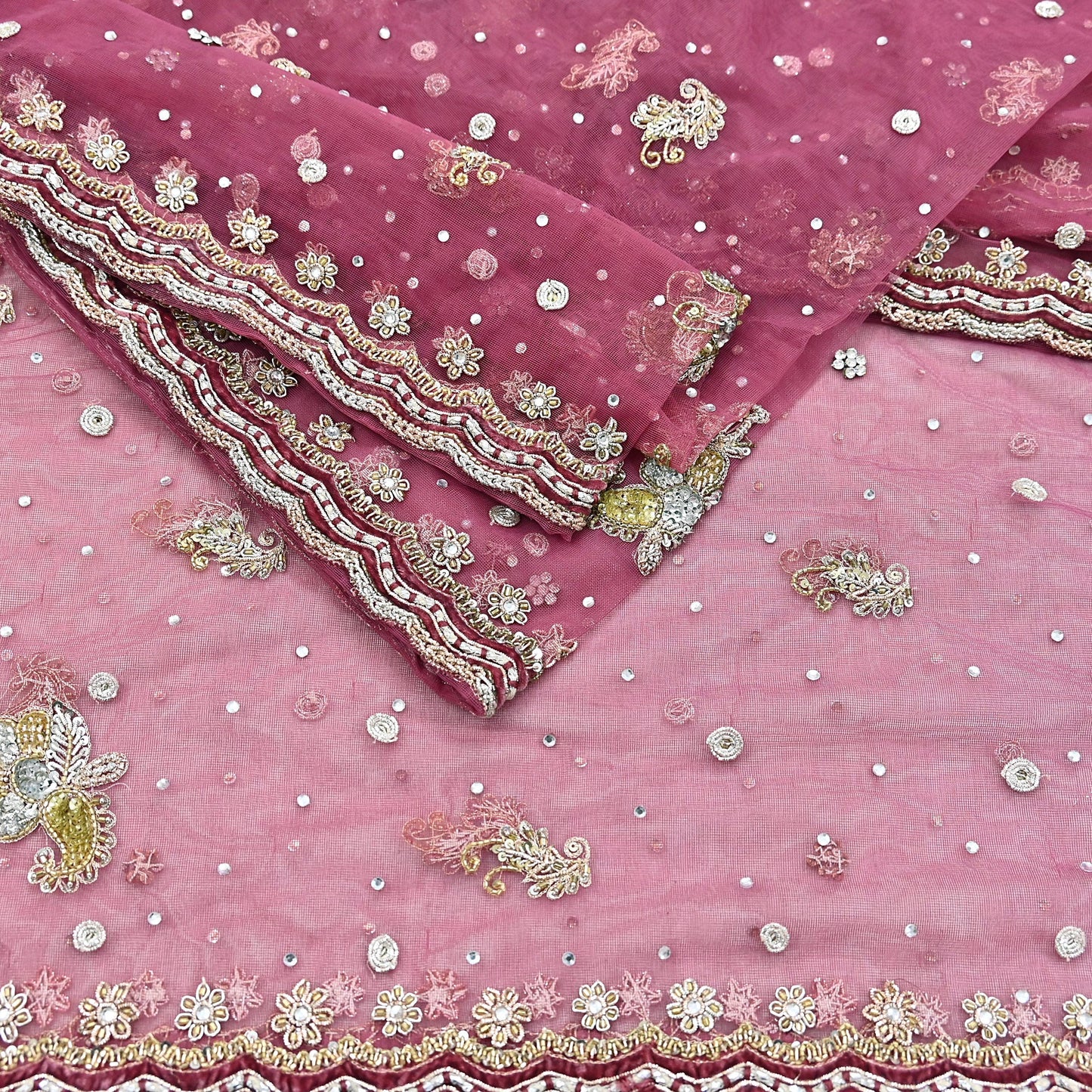 Indian Vintage Heavy Dupatta Pink Net Mesh Long Stole Hand Embroidered Scarves Wedding veil Wrap Boho