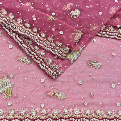 Indian Vintage Heavy Dupatta Pink Net Mesh Long Stole Hand Embroidered Scarves Wedding veil Wrap Boho