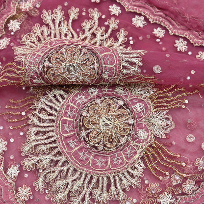 Indian Vintage Heavy Dupatta Pink Net Mesh Long Stole Hand Embroidered Scarves Wedding veil Wrap Boho