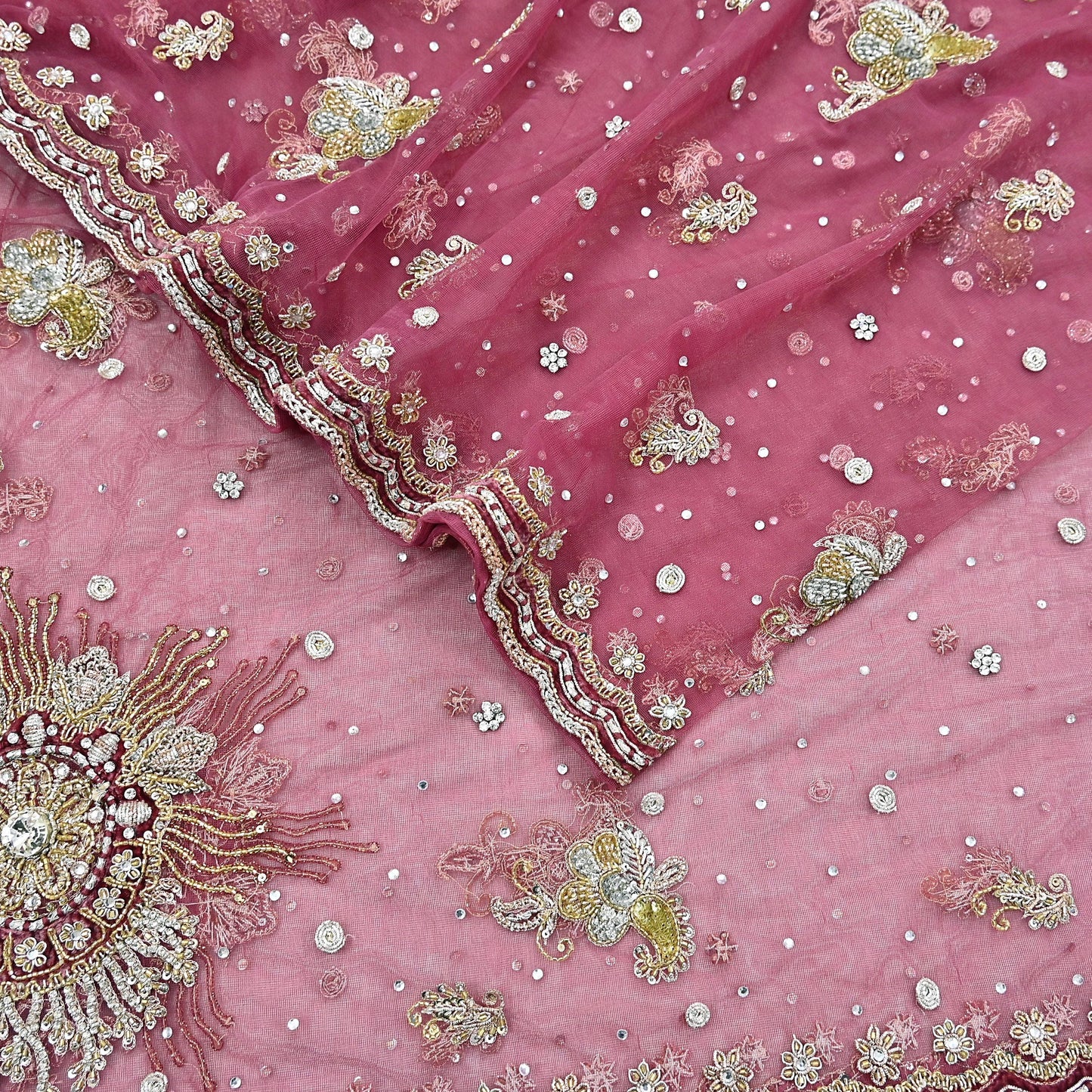 Indian Vintage Heavy Dupatta Pink Net Mesh Long Stole Hand Embroidered Scarves Wedding veil Wrap Boho