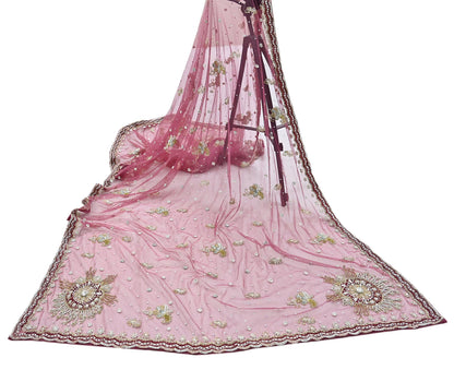 Indian Vintage Heavy Dupatta Pink Net Mesh Long Stole Hand Embroidered Scarves Wedding veil Wrap Boho