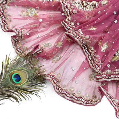 Indian Vintage Heavy Dupatta Pink Net Mesh Long Stole Hand Embroidered Scarves Wedding veil Wrap Boho