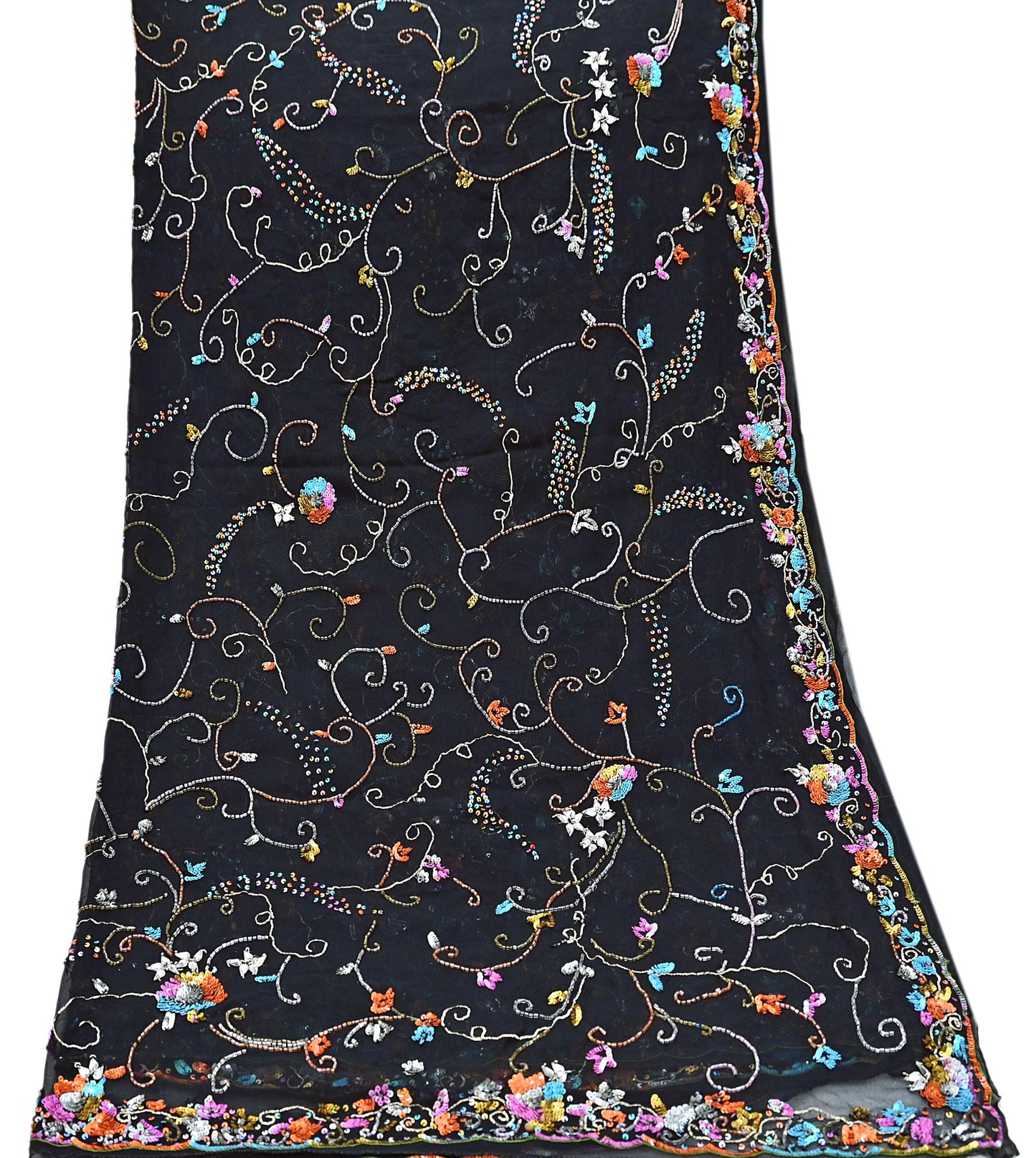 Indian Vintage Heavy Black Dupatta Pure Georgette silk Long Stole Hand Embroidered Scarves Stole Veil Wrap Sequins