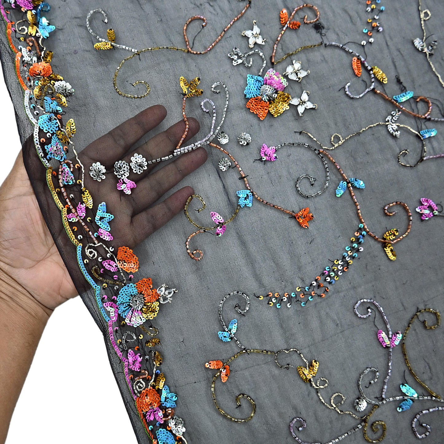 Indian Vintage Heavy Black Dupatta Pure Georgette silk Long Stole Hand Embroidered Scarves Stole Veil Wrap Sequins