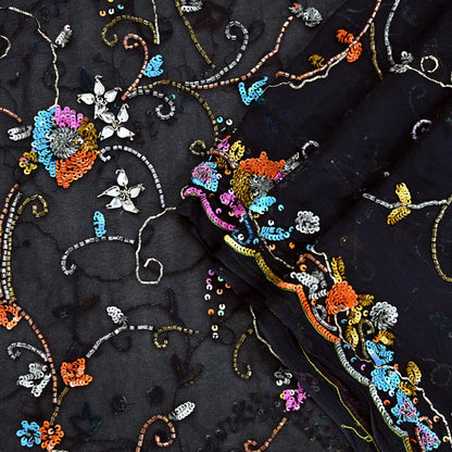 Indian Vintage Heavy Black Dupatta Pure Georgette silk Long Stole Hand Embroidered Scarves Stole Veil Wrap Sequins