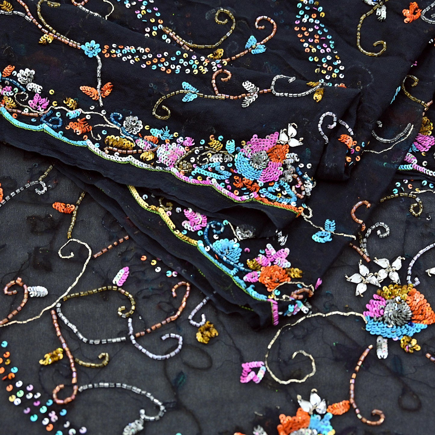 Indian Vintage Heavy Black Dupatta Pure Georgette silk Long Stole Hand Embroidered Scarves Stole Veil Wrap Sequins