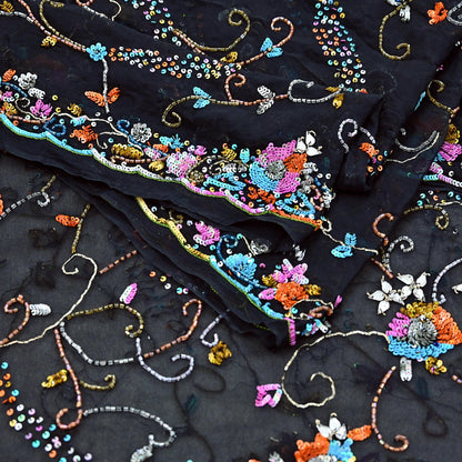 Indian Vintage Heavy Black Dupatta Pure Georgette silk Long Stole Hand Embroidered Scarves Stole Veil Wrap Sequins