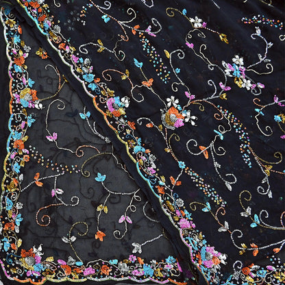Indian Vintage Heavy Black Dupatta Pure Georgette silk Long Stole Hand Embroidered Scarves Stole Veil Wrap Sequins
