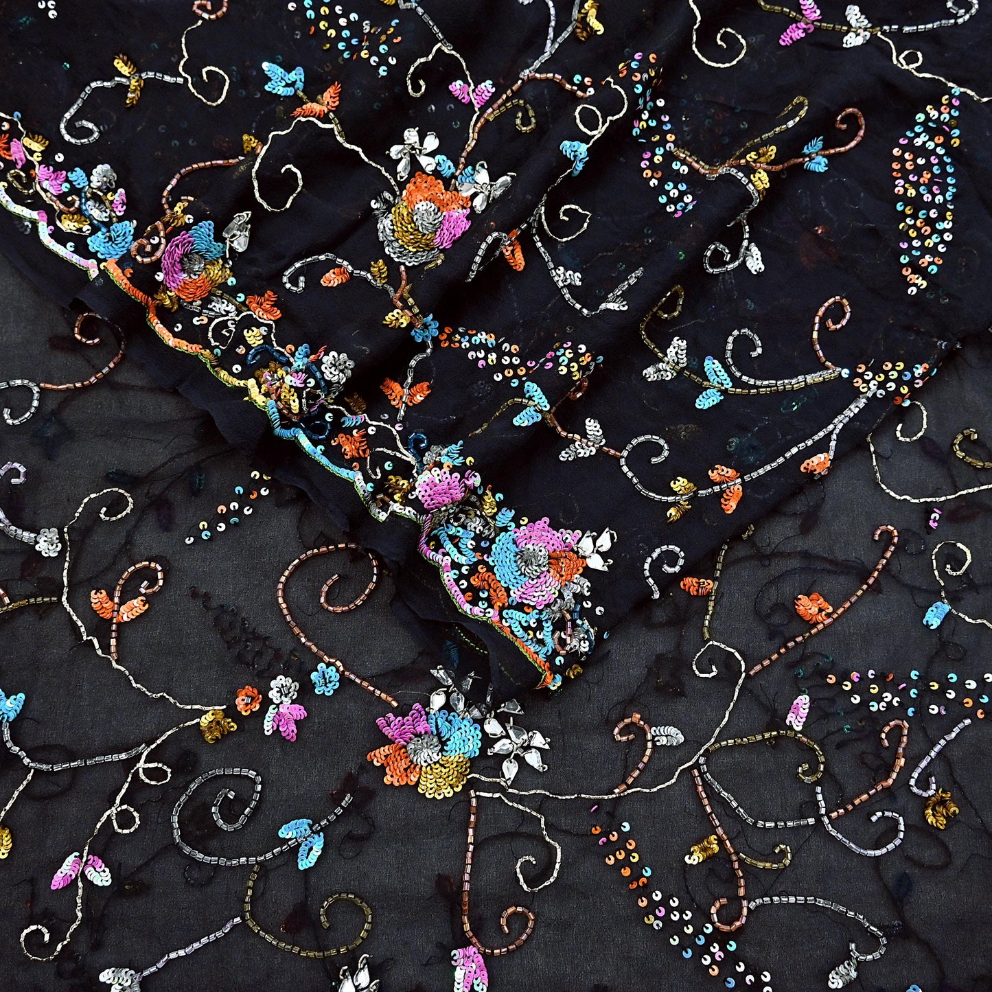 Indian Vintage Heavy Black Dupatta Pure Georgette silk Long Stole Hand Embroidered Scarves Stole Veil Wrap Sequins