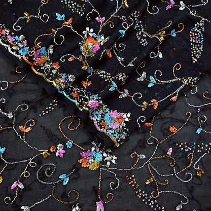 Indian Vintage Heavy Black Dupatta Pure Georgette silk Long Stole Hand Embroidered Scarves Stole Veil Wrap Sequins