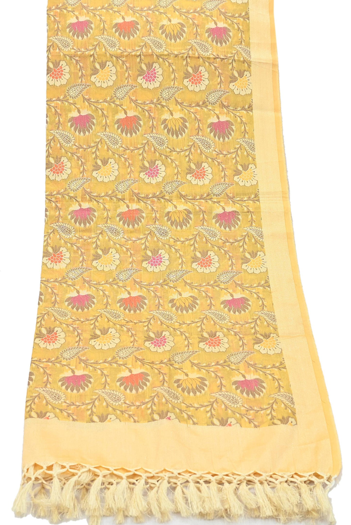 Indian Vintage Yellow Dupatta Long Stole Artificial Silk hand Woven Scarves Veil Scarf Wrap Hippie Boho Soft Floral Fringes