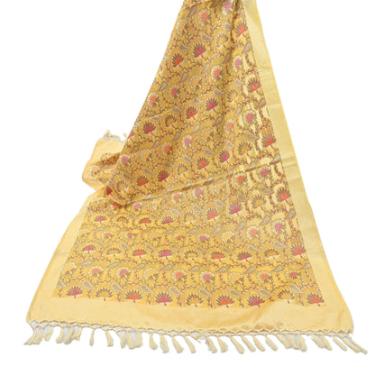Indian Vintage Yellow Dupatta Long Stole Artificial Silk hand Woven Scarves Veil Scarf Wrap Hippie Boho Soft Floral Fringes